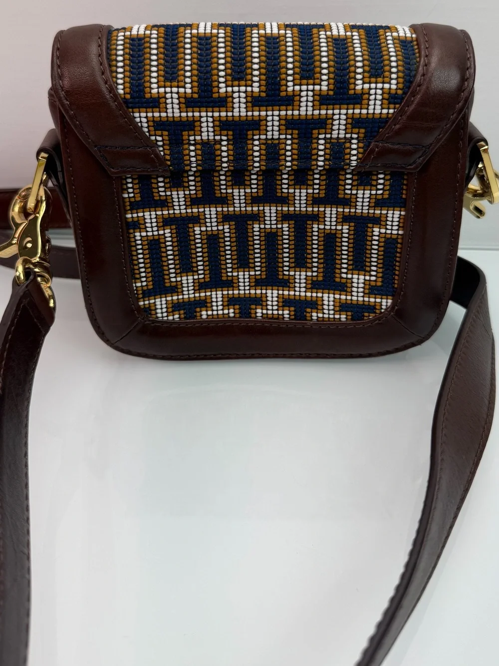 Tory Burch Mini Crossbody Bag Navy Brown Jacquard Lock Gold